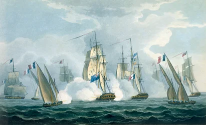 HMS Sirius, kapten Rowse i strid med en fransk eskader utanför Tiberns mynning, 17 april 1806, graverad av T. Sutherland för ”The Naval Chronology of Great Britain” av J. Ralfe, utgiven 1820